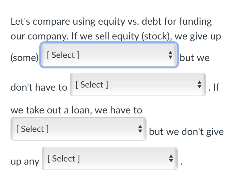 Solved Let's Compare Using Equity Vs. Debt For Funding Our | Chegg.com