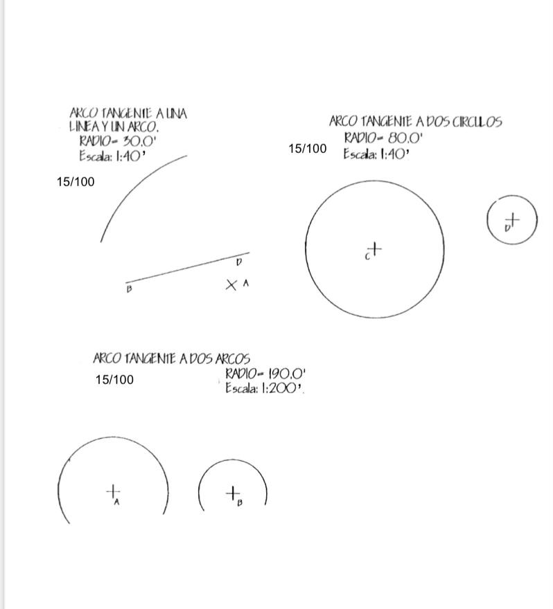 ARCO TANGENIE ADOS ARCOS \[ \begin{array}{ll} 15 / 100 & \text { RADIO }=190.0^{\prime} \\ \text { Escala: } 1: 200^{\prime}