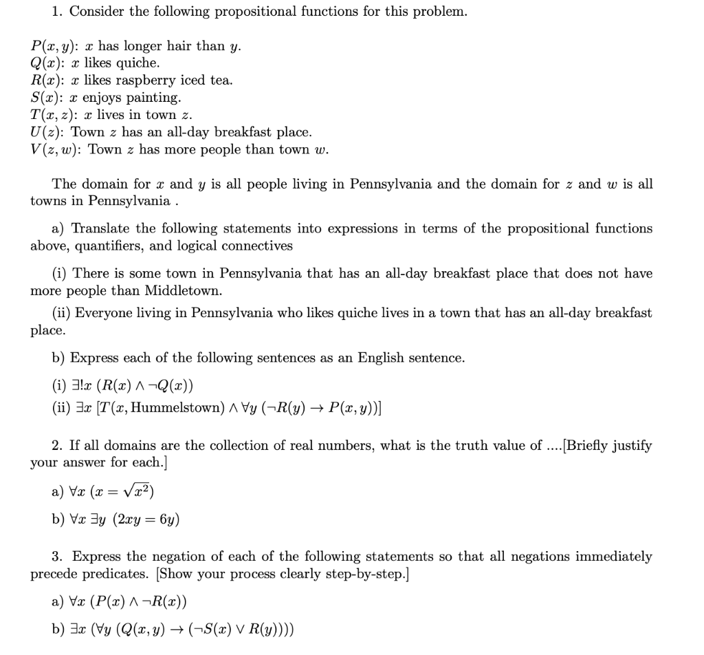 Solved 1. Consider The Following Propositional Functions For | Chegg.com