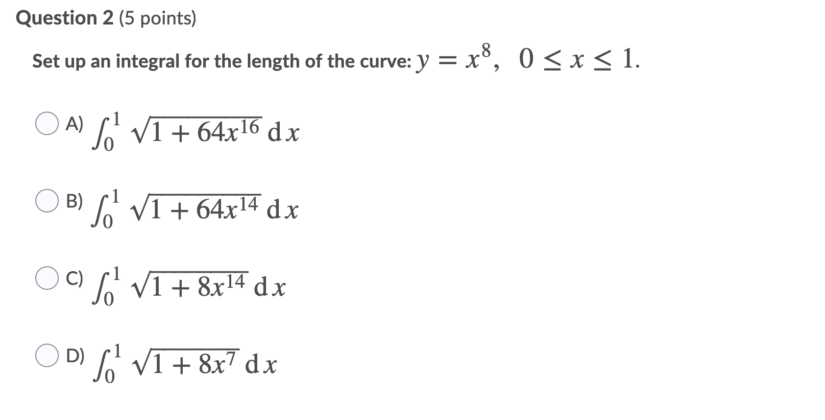 Solved Question 2 (5 points) Set up an integral for the