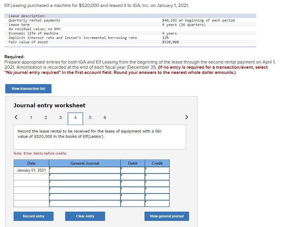 Solved Elf Leasing purchased a machine for $520,000 and | Chegg.com