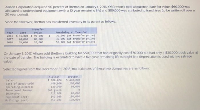 Solved Allison Corporation acquired 90 percent of Bretton on | Chegg.com