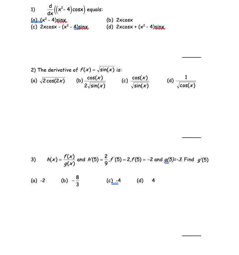 Solved 1) di ((x?- 4)cosx) equals: @_(x2 - 4)sinx (c) 2xcosx | Chegg.com