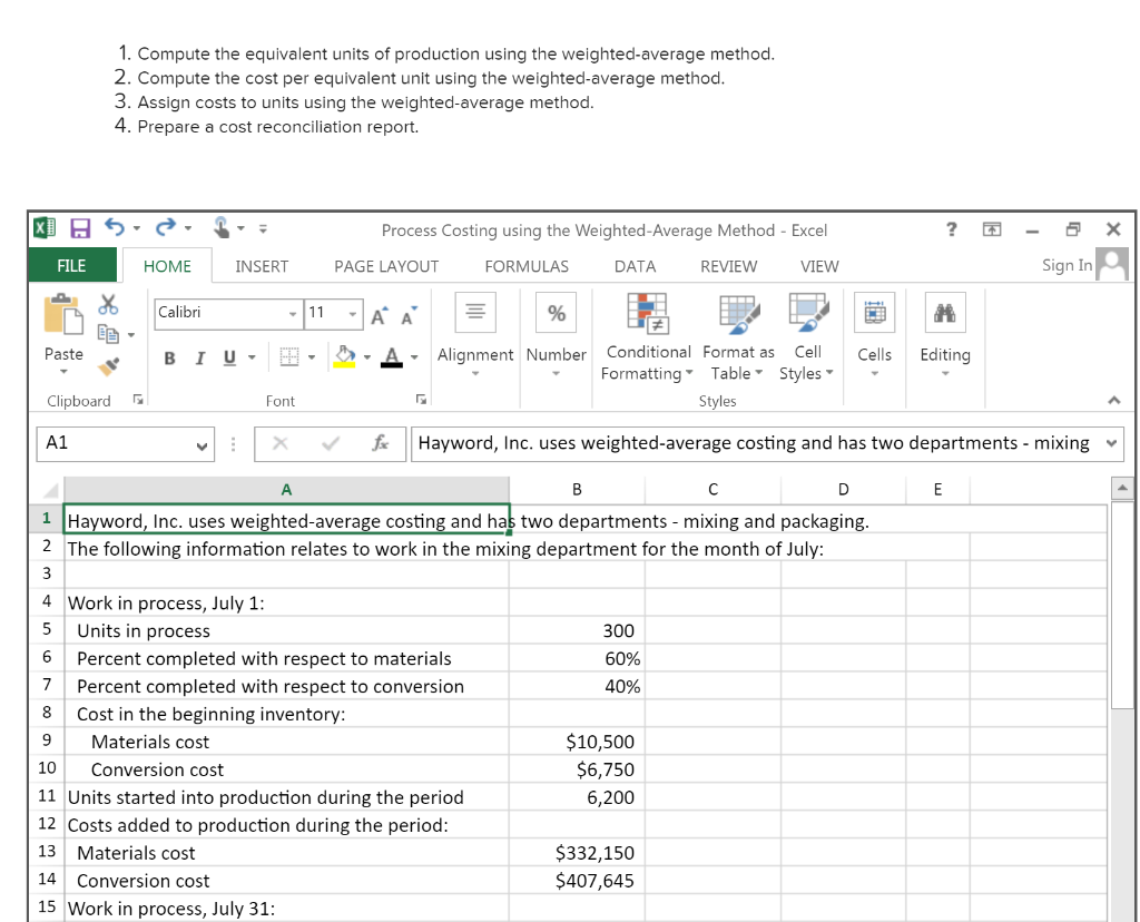 Solved 1. Compute the equivalent units of production using | Chegg.com