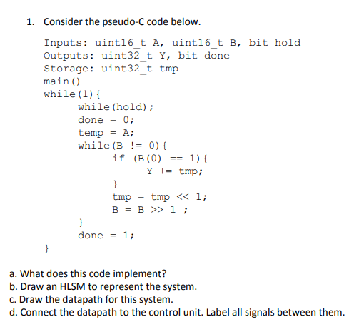 1. Consider the pseudo-C code below. Inputs: uint16_t | Chegg.com