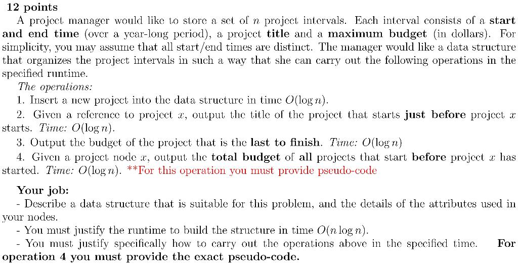 Solved 12 points A project manager would like to store a set | Chegg.com