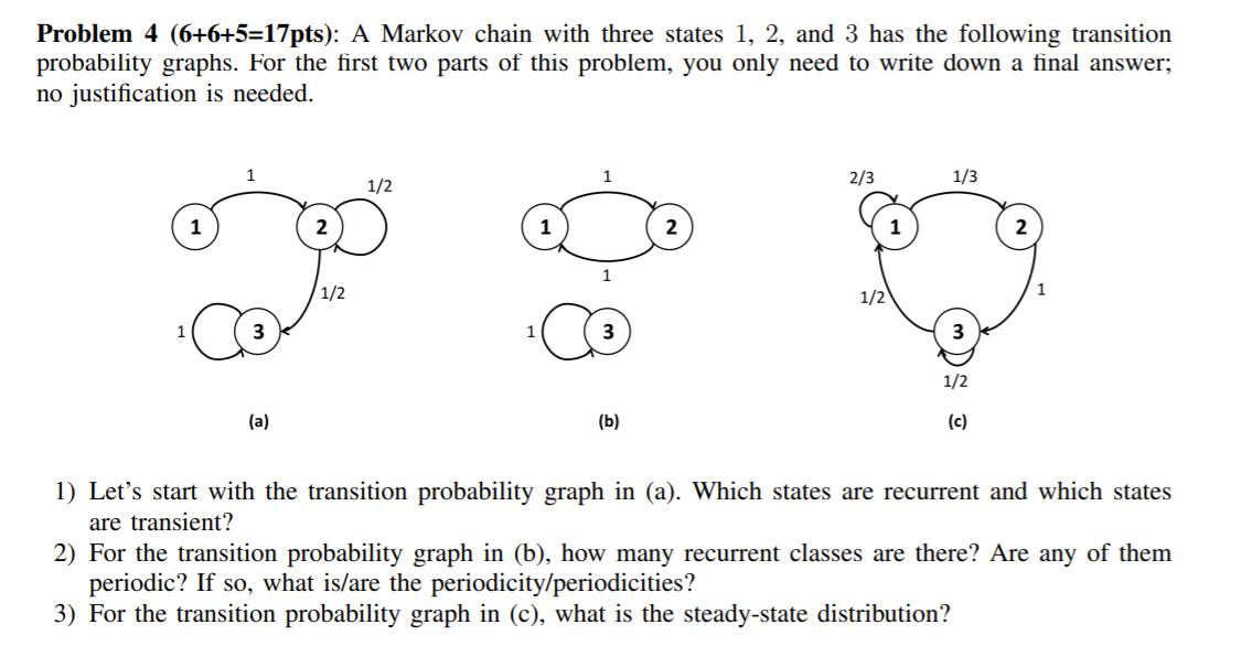 Solved Problem 4 (6+6+5=17pts): A Markov chain with three | Chegg.com