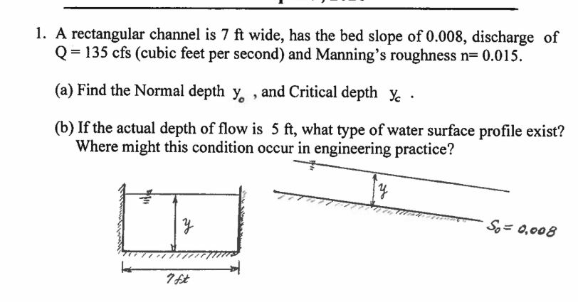 Solved 1. A rectangular channel is 7 ft wide, has the bed | Chegg.com