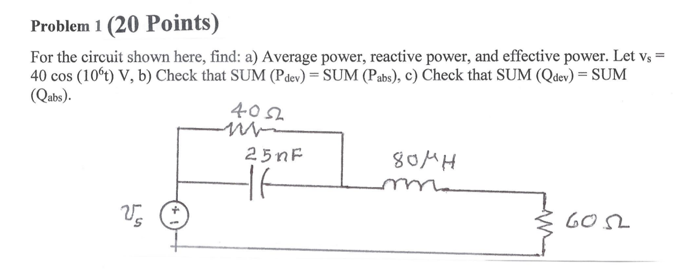 Solved Problem 1 (20 Points) For the circuit shown here, | Chegg.com