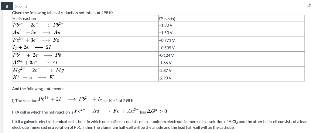 Solved Pb2+ Eº (volts) +1.80 V +1.50 V 5 points Given the | Chegg.com