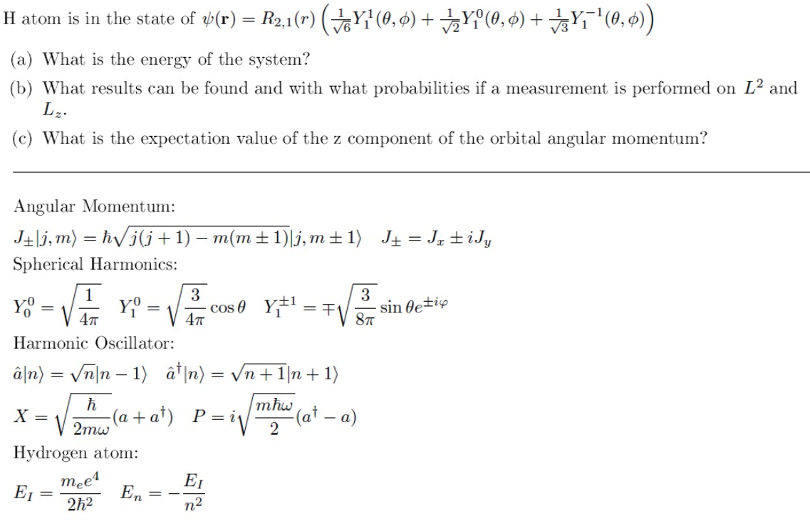 H Atom Is In The State Of R R2 1 R 7y 0 6 Chegg Com