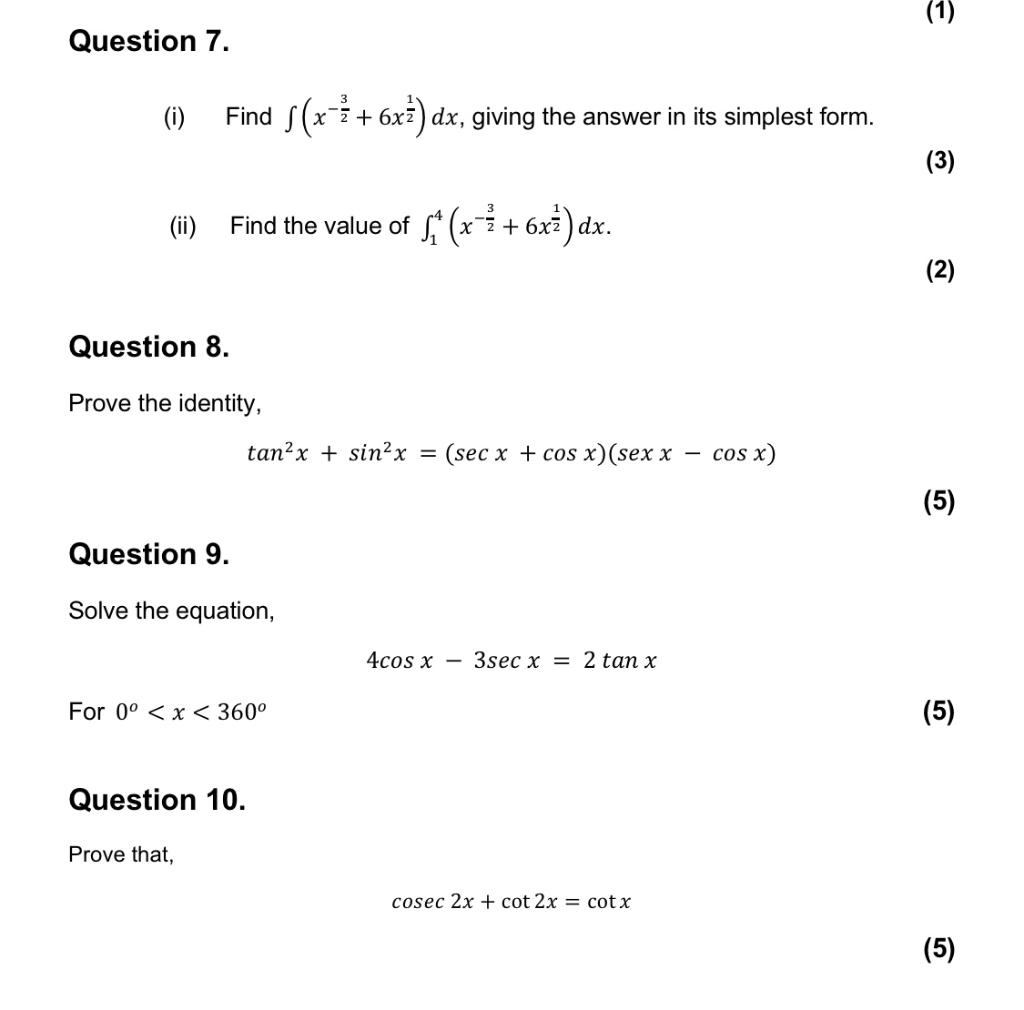 1 Question 7 I Find S X 6x2 Dx Giving The Chegg Com