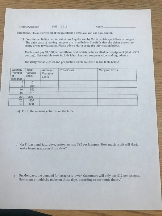 Solved Lasagna Question Fall 2018 Name, Directions Please