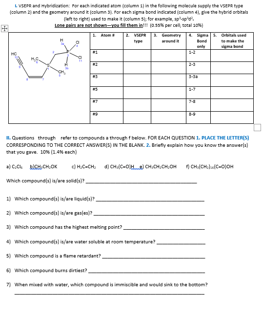 Solved I. VSEPR And Hybridization: For Each Indicated Atom | Chegg.com