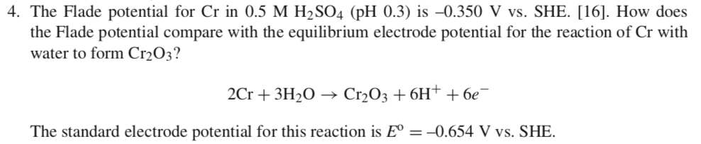 Solved 4. The Flade potential for Cr in 0.5 M H2SO4 (pH 0.3) | Chegg.com