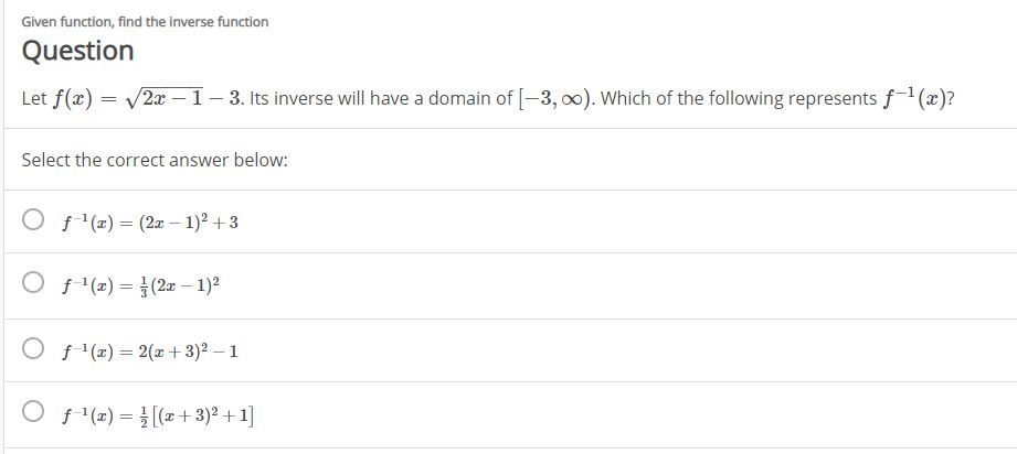 Solved Given Function, Find The Inverse Function Question | Chegg.com