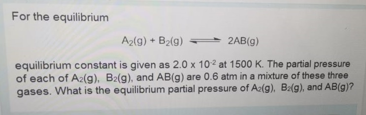 Solved For The Equilibrium A2(g) + B2(g) = 2AB(9) | Chegg.com