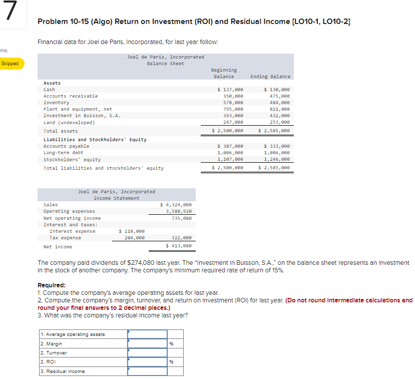 Solved Problem 10-15 (Algo) Return on Investment (ROI) and | Chegg.com