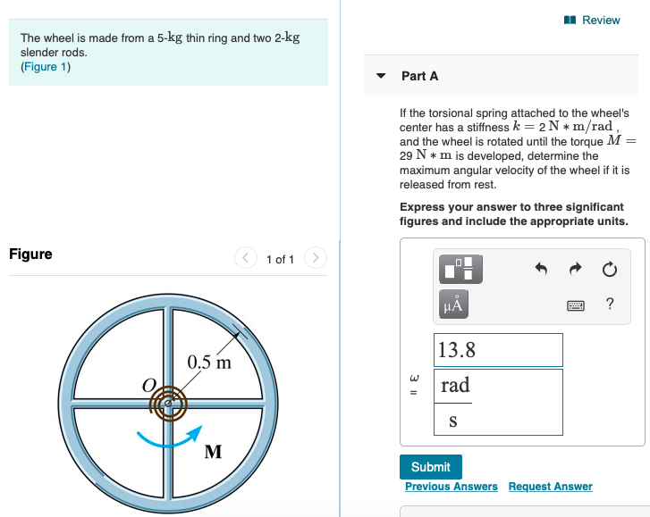 Solved 1 Review The wheel is made from a 5-kg thin ring and | Chegg.com