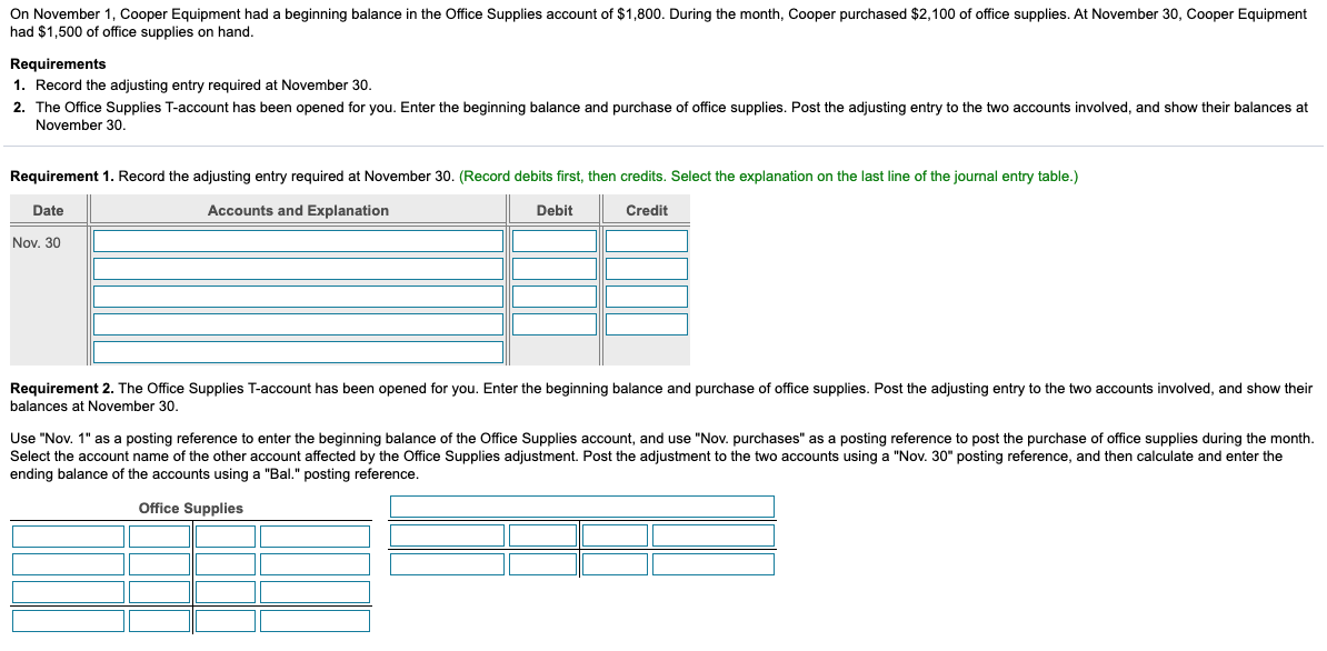 Solved On November 1, Cooper Equipment had a beginning