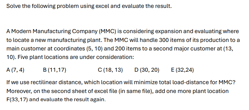 Solved Solve The Following Problem Using Excel And Evaluate | Chegg.com