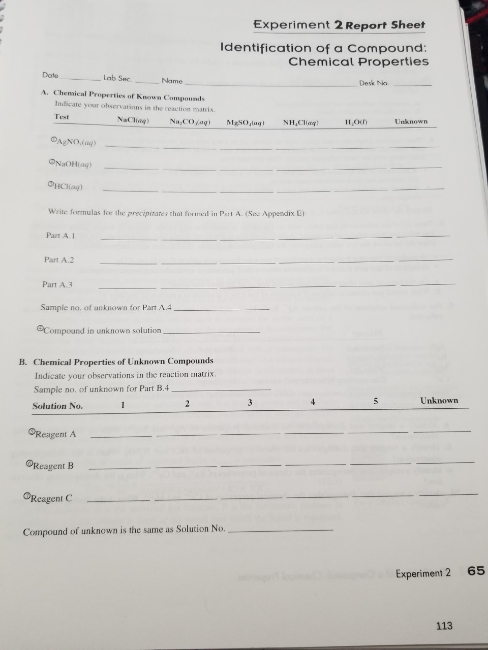 Experiment 2 Report Sheet Identification of a | Chegg.com