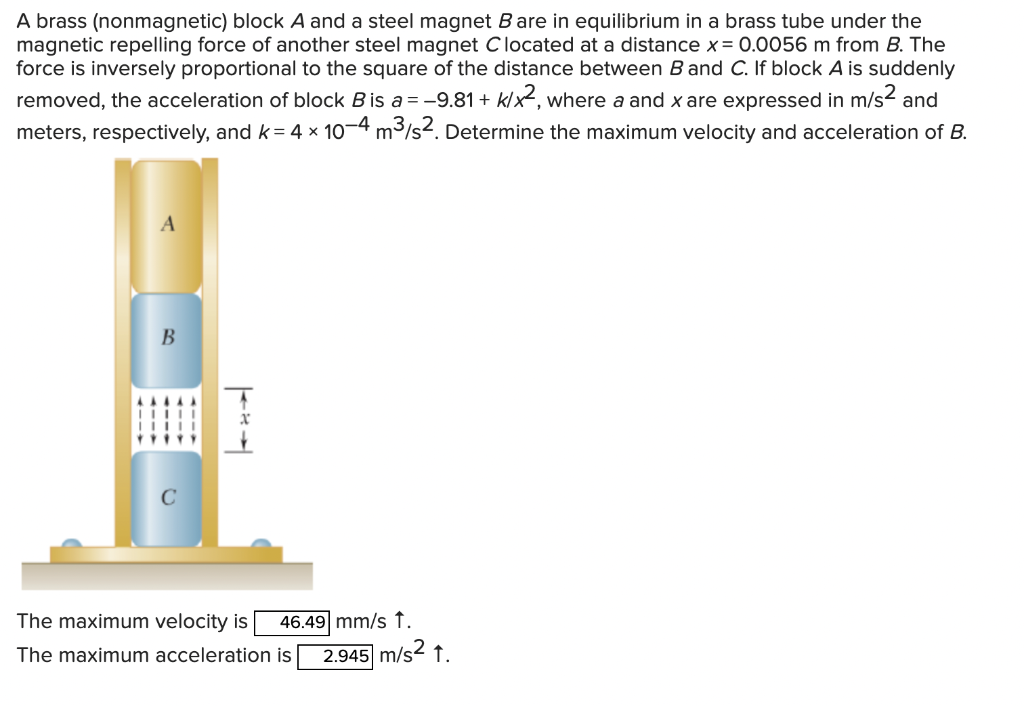 A brass (nonmagnetic) block \( A \) and a steel magnet \( B \) are in equilibrium in a brass tube under the magnetic repellin