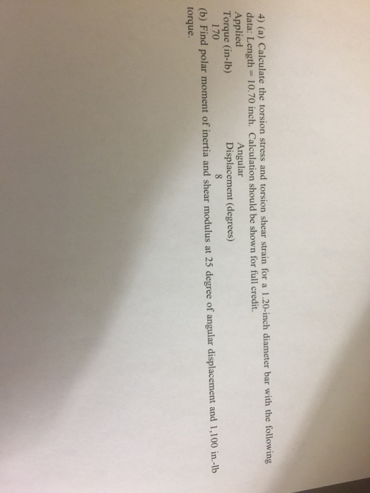 Solved 4) (a) Calculate the torsion stress and torsion shear | Chegg.com