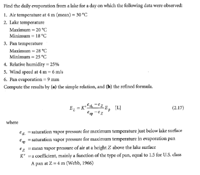 Solved Find the daily evaporation from a lake for a day on | Chegg.com