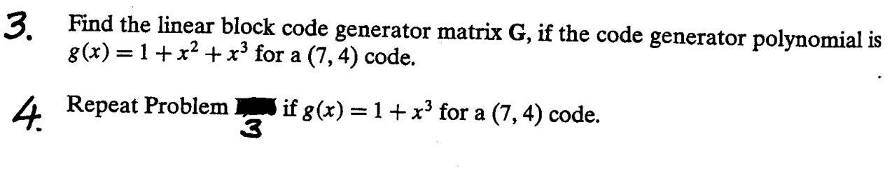 3. Find the linear block code generator matrix G, if | Chegg.com