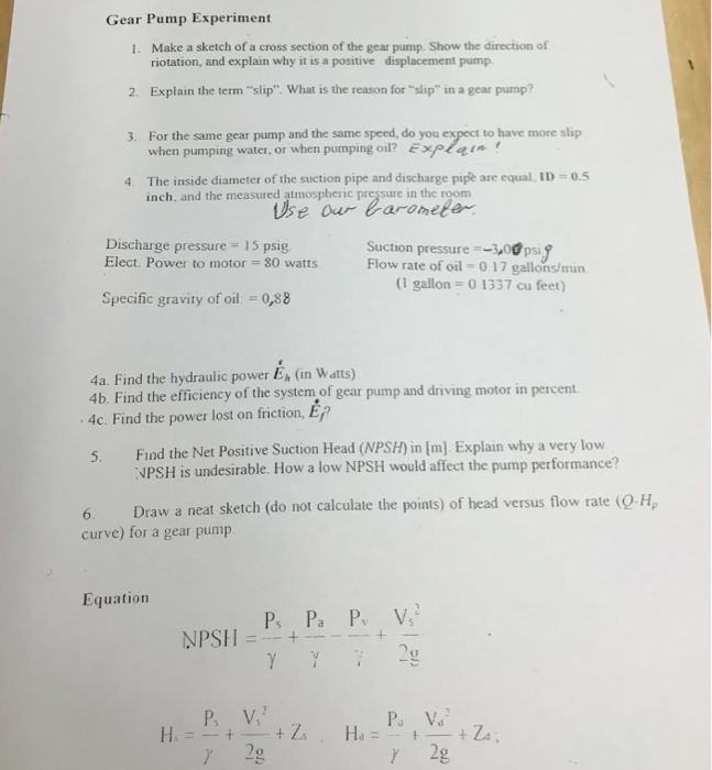 Gear Pump Experiment Make a sketch of a cross