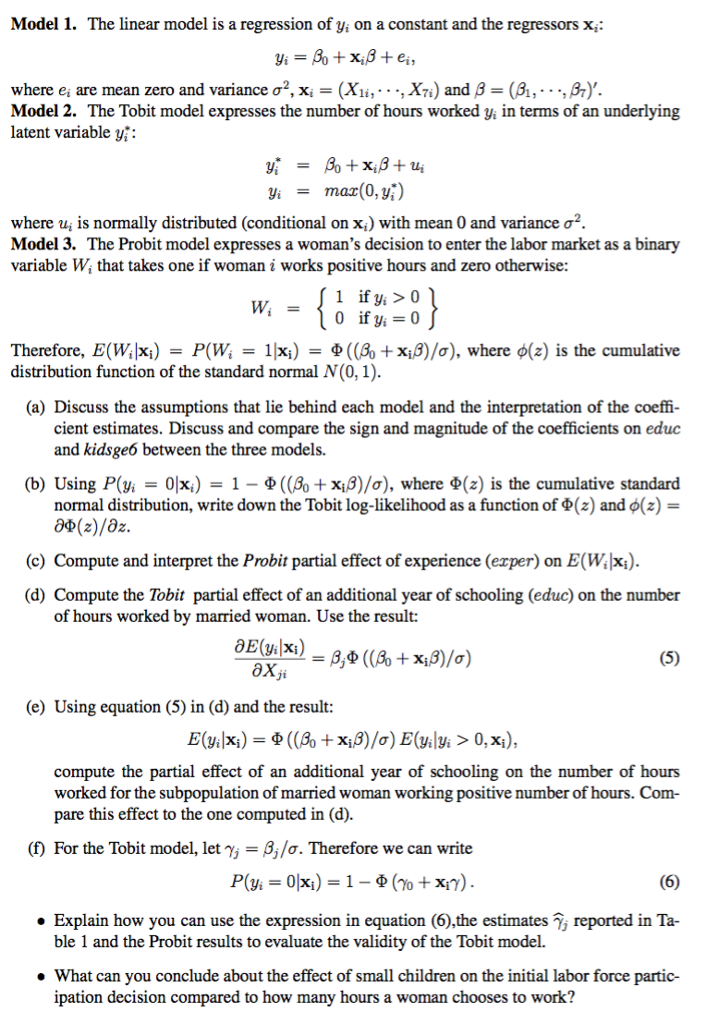 Model 1. The linear model is a regression of y, on a | Chegg.com