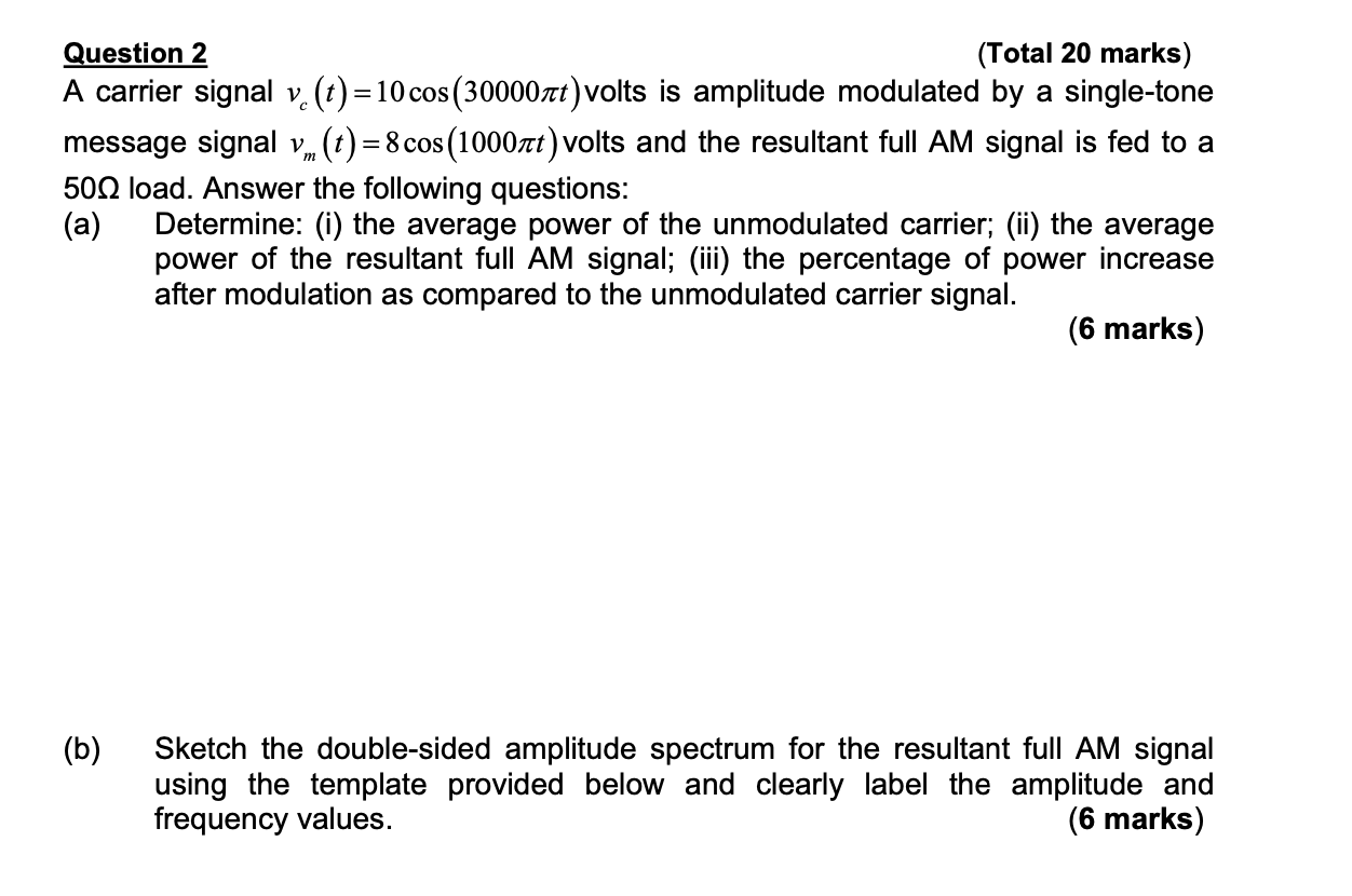 Solved Question 2 (Total 20 marks) A carrier signal v. | Chegg.com