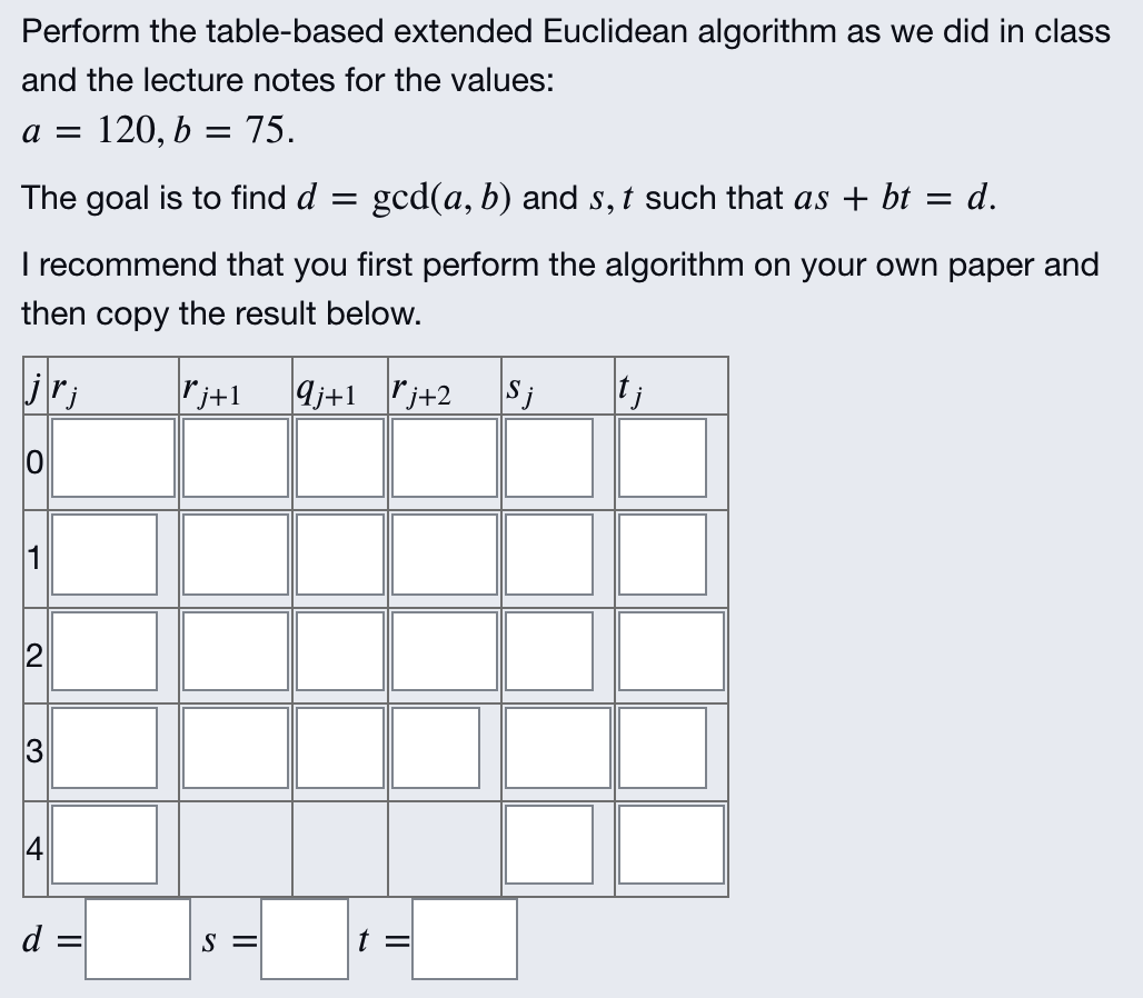 Solved Perform the table-based extended Euclidean algorithm | Chegg.com