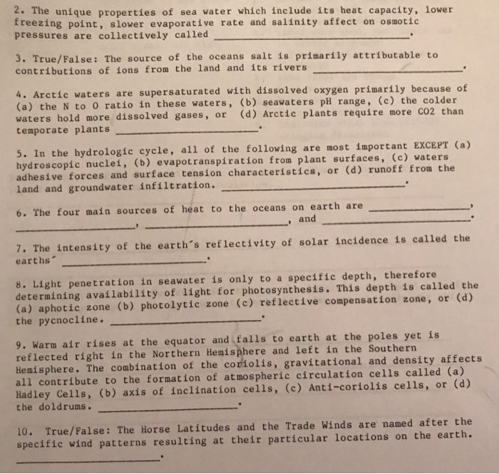 Solved 2. The unique properties of sea water which include