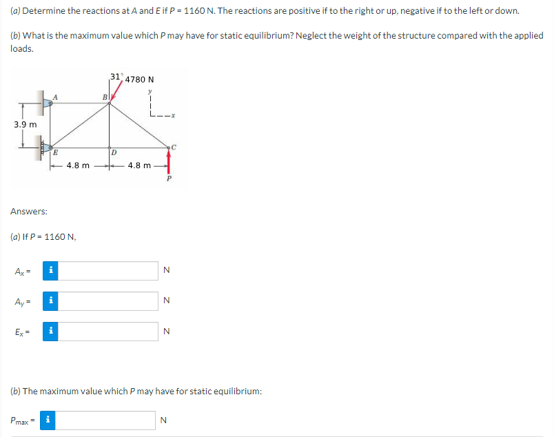 Solved (a) Determine the reactions at A and E if P=1160 N. | Chegg.com