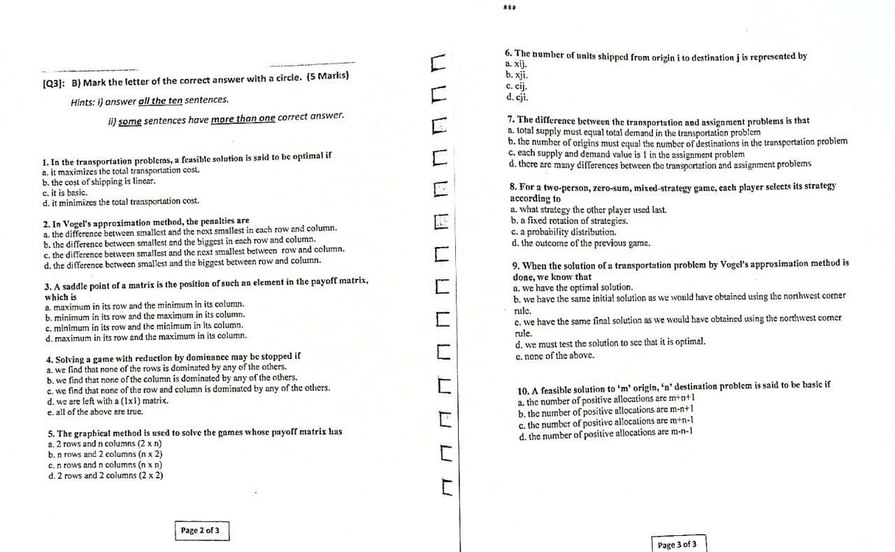 Solved Q3 B Mark the letter of the correct answer Chegg