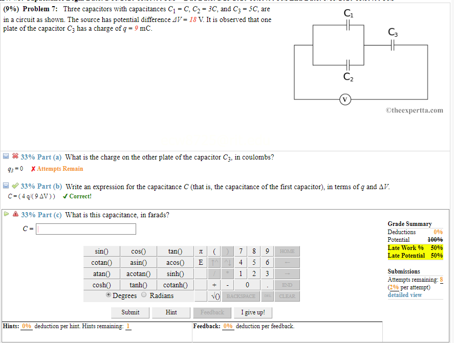 Solved 0 (9%) Problem 7: Three Capacitors With Capacitances | Chegg.com