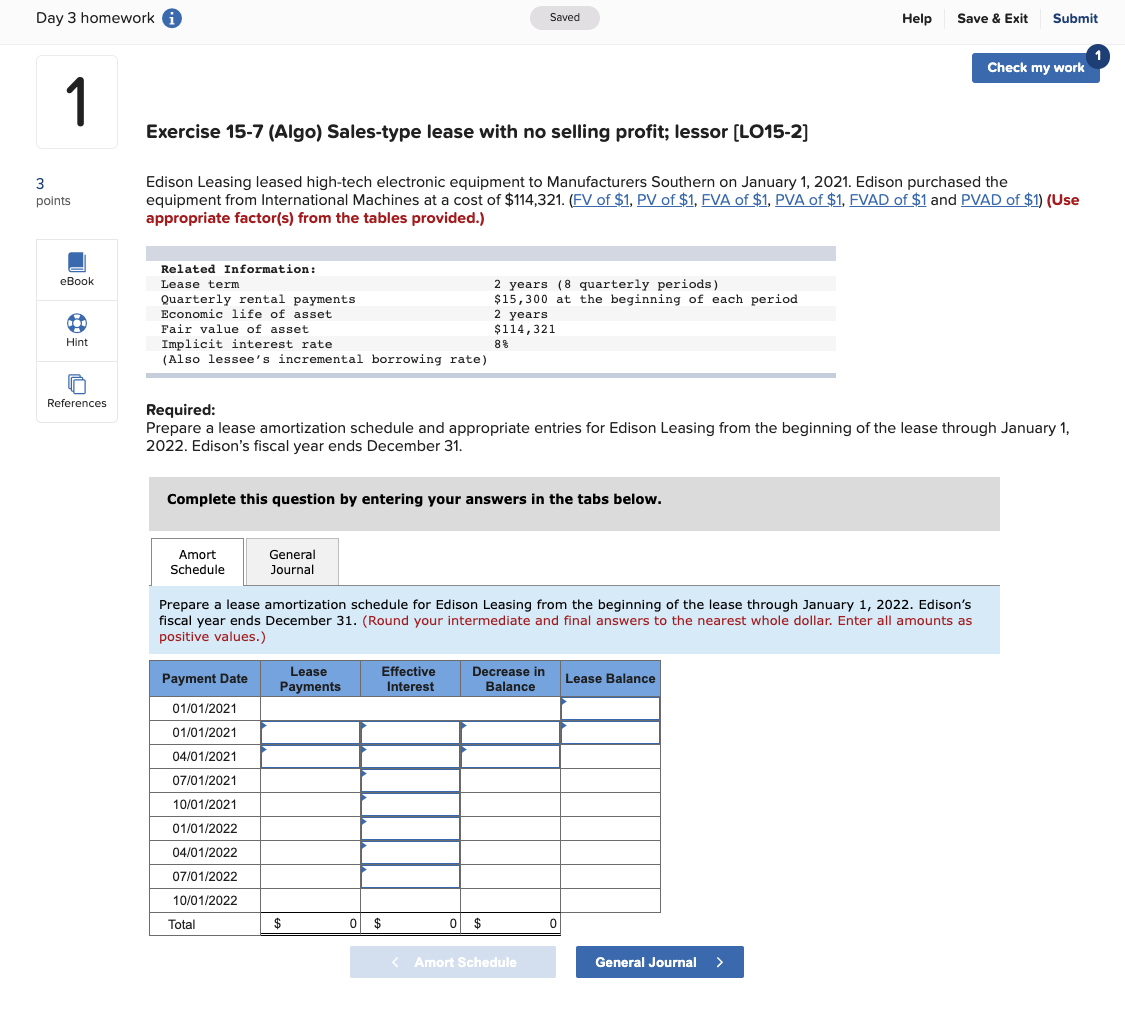 Solved Day 3 homework Saved Help Save & Exit Submit Check my | Chegg.com