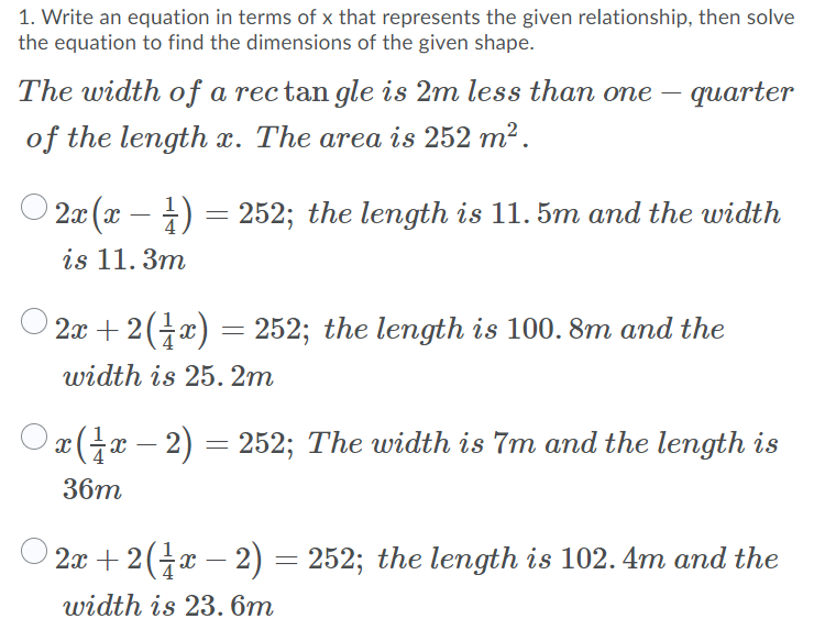 Solved 1. Write an equation in terms of x that represents