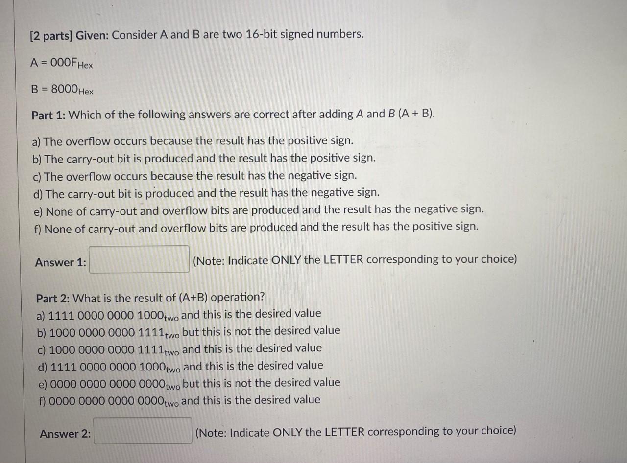 Solved [2 Parts] Given: Consider A And B Are Two 16-bit | Chegg.com