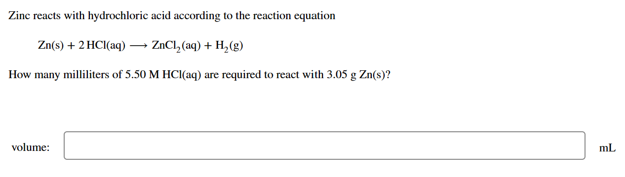 Solved Zinc reacts with hydrochloric acid according to the | Chegg.com