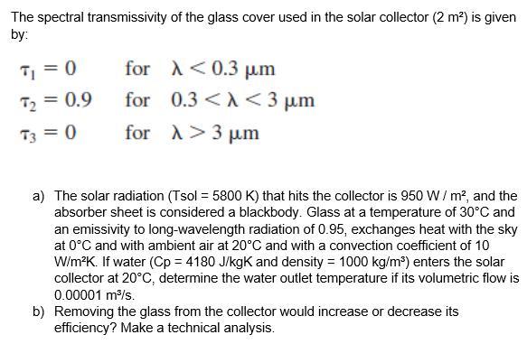 Solved The spectral transmissivity of the glass cover used | Chegg.com