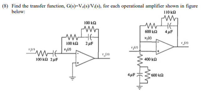 Solved (8) Find the transfer function, G(s)=Vo(s)/Vi(s), for | Chegg.com