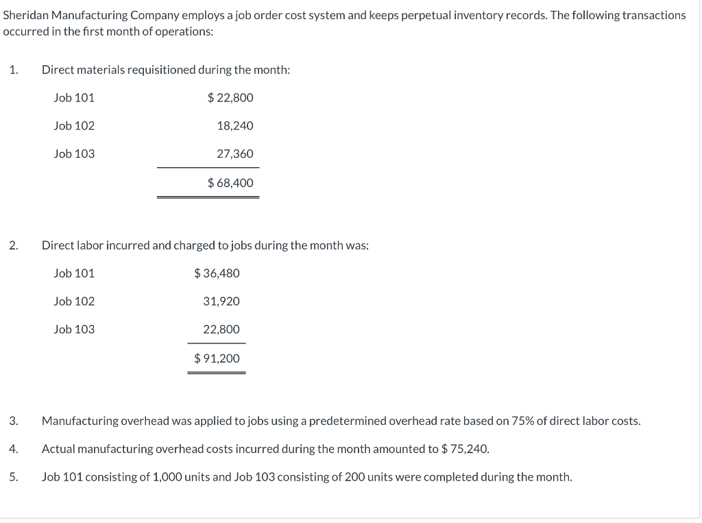 Solved Sheridan Manufacturing Company employs a job order | Chegg.com