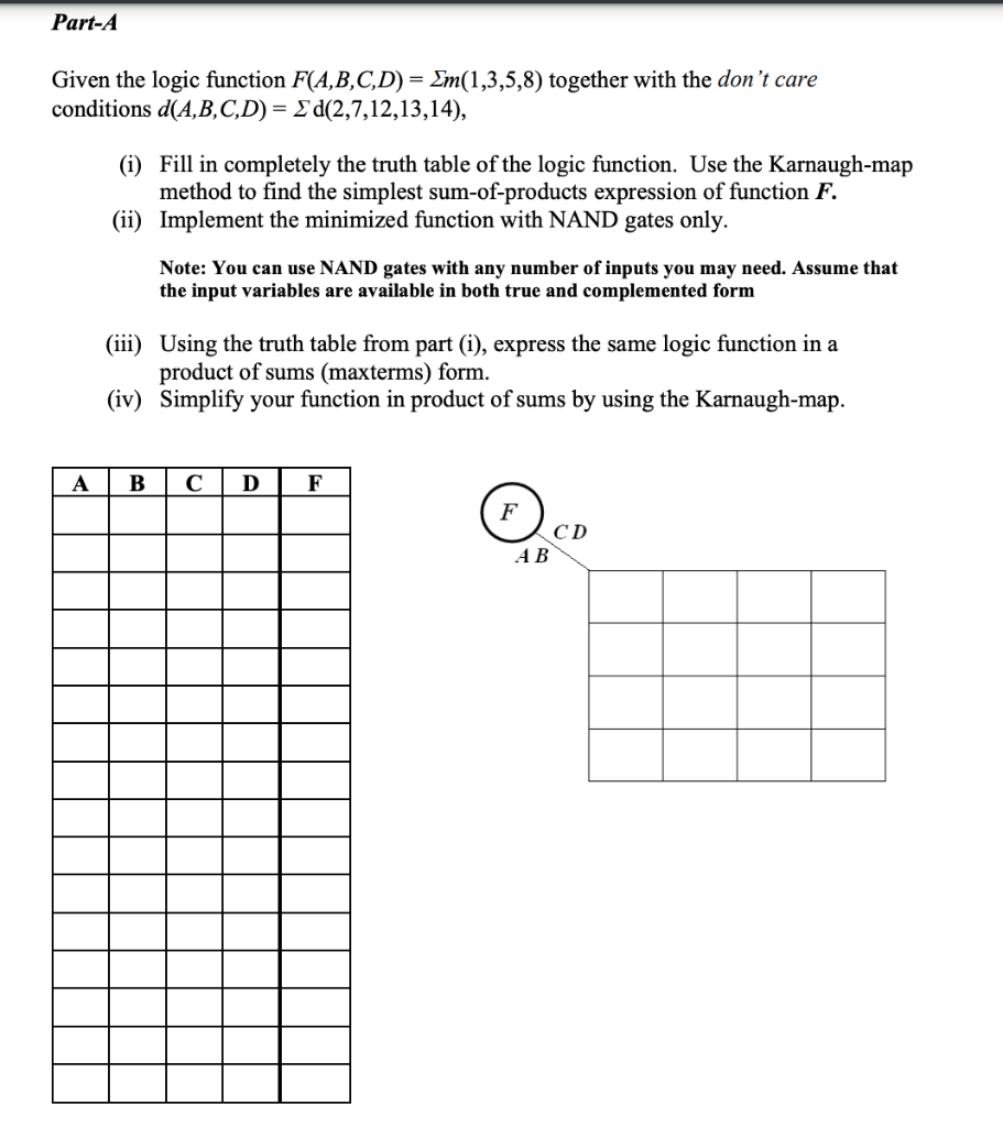 Solved Given the logic function F(A,B,C,D) = m(1,3,5,8) | Chegg.com