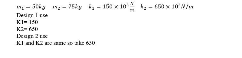 Solved m₁ = 50kg Design 1 use K1= 150 K2= 650 Design 2 use | Chegg.com