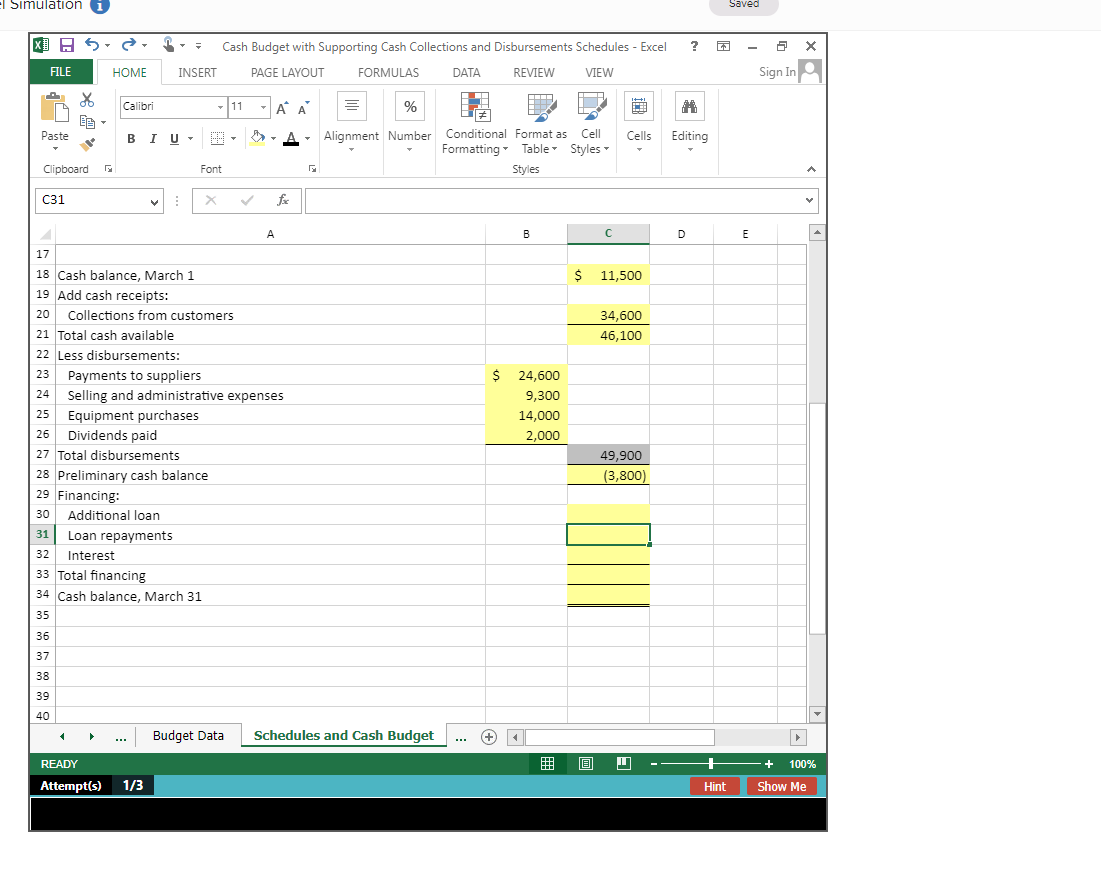 Excel SIM Cash Budget with Supporting Cash