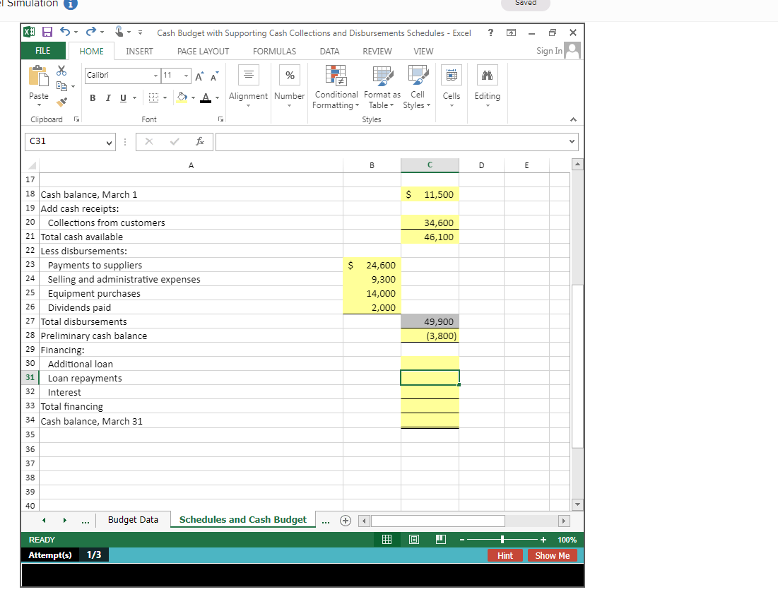 Excel Sim: Cash Budget With Supporting Cash 