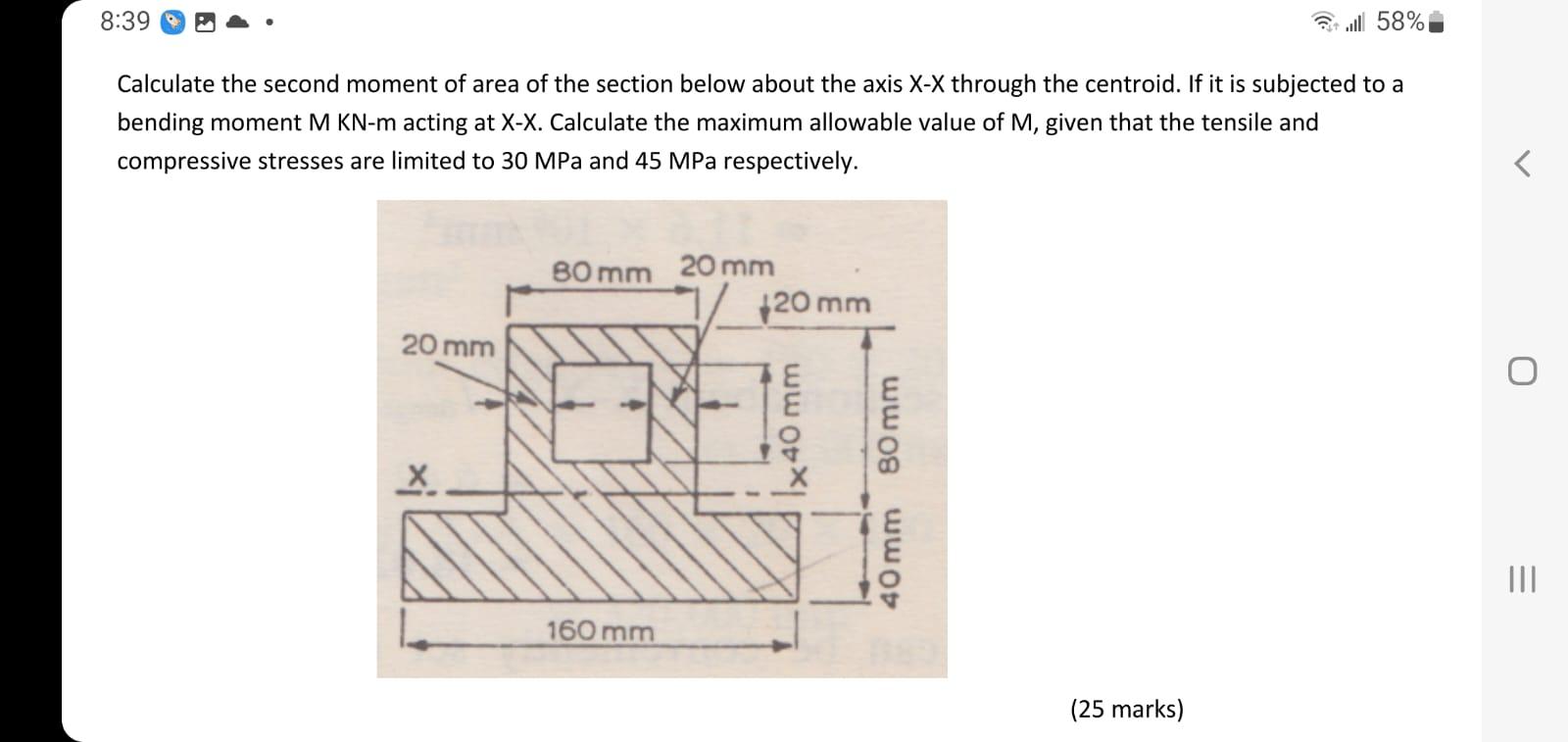 Calculate the second moment of area of the section below about the axis \( \mathrm{X}-\mathrm{X} \) through the centroid. If